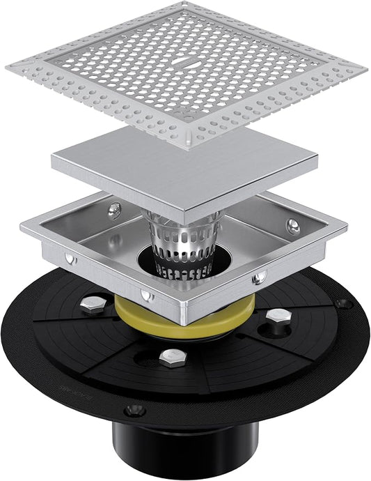 4 Inch Brushed Nickel Square Shower Drain Kit with Flange,Modern Floor Drain with 2-in-1 Cover Tiled Insert Grate,Stainless Steel SUS 304