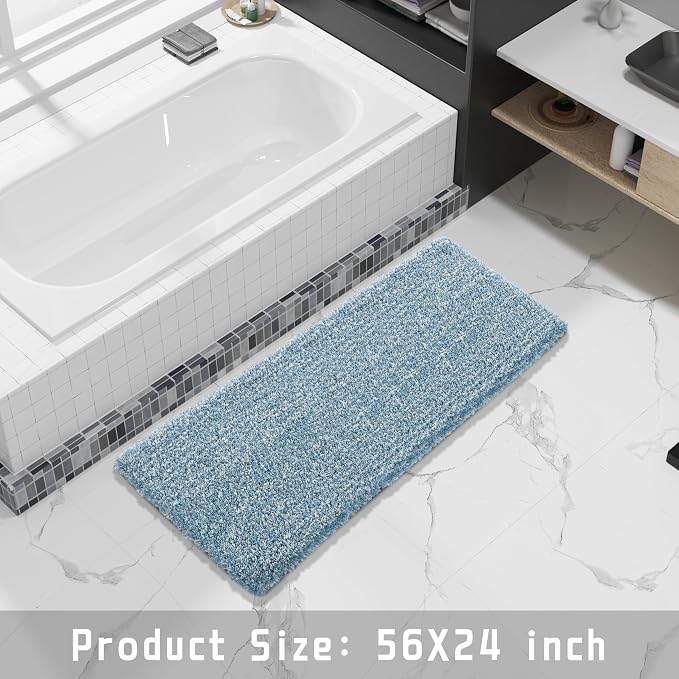 Yimobra Luxury Bathroom Rugs, Fluffy Bath Mats, Non Slip, Water Absorbent Microfiber, Machine Washable, Plush Runner Shower Rugs, Thick Matts for Bathroom Floor&Tub, 56" X 24", Denim Blue and White