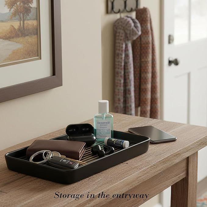 10"×6"×1" Black Bathroom Vanity Tray for Countertop- Ceramic Decorative Organizer Tray for Dresser Tops, Toilet, Perfume, Sponge Holder Soap Dish Dispenser for Kitchen Counter- Golden Stripes