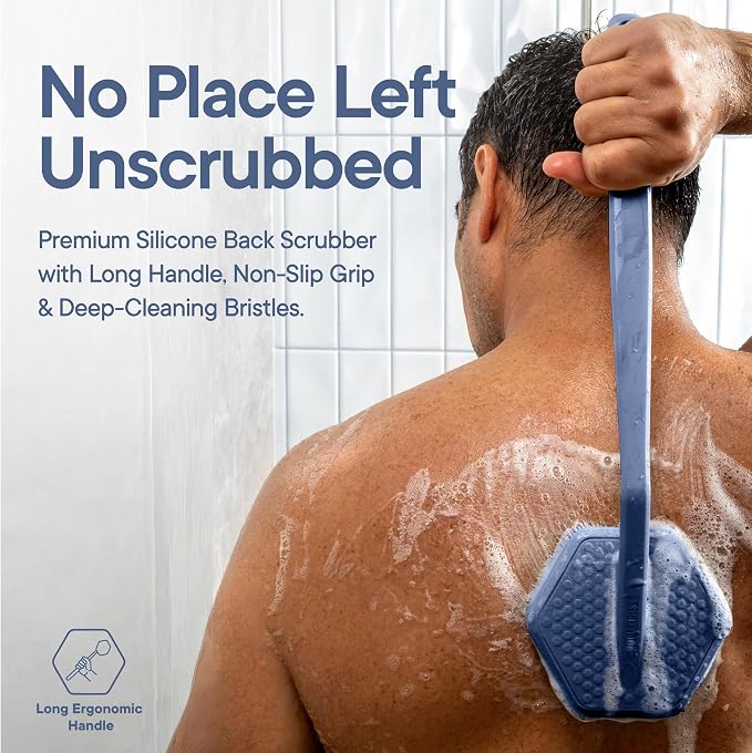 TOOLETRIES Silicone Back Scrubber for Shower, Bath Brush - Glacier | Long ergonomic handle and non-slip grip make exfoliating hard-to-reach areas simple and comfortable.
