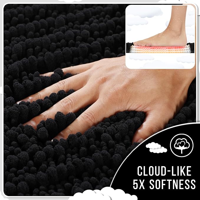 Yimobra Bathroom Rugs Sets 2 Piece - Quick Dry Extra Thick Luxury Chenille Bath Mat, Non Slip Super Absorbent for Tub Shower Sink, Machine Washable Shaggy Floor Mat, 32"x20"+24"x20" Inch, Black