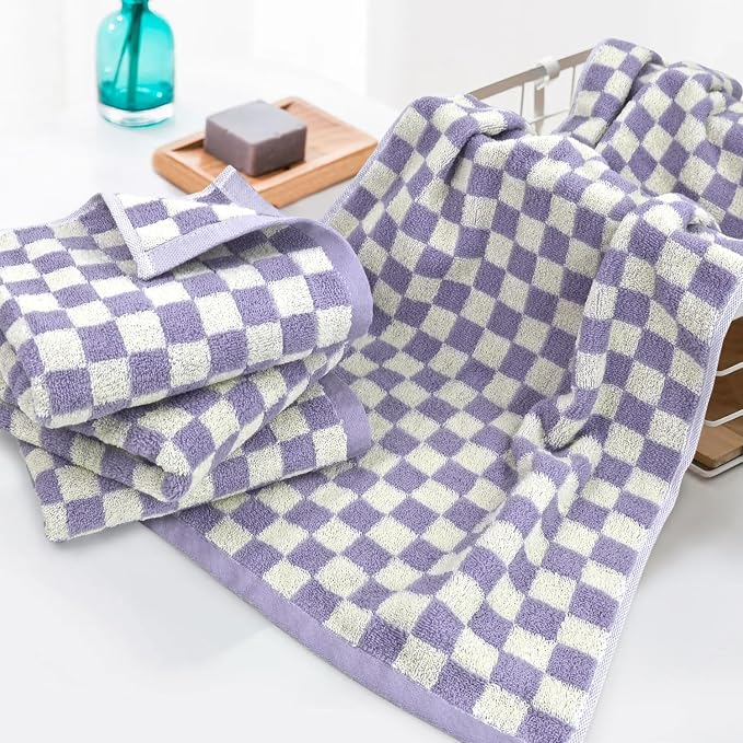 Hand Towel for Bathroom Guest Room - Cotton Face Towel Set Lilac Checkered | Extra Soft, Absorbent 4-Piece for Daily Use