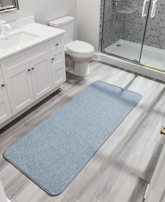 Bosap Bath Mat,Ultra Thin Bathroom Runner Rugs,Large Bath Mats for Bathroom,Quick Dry,Non-Slip,Machine Washable,Low Pile,Bath Rug,Shower Outside,Sink,Home Decor Accessories.Blue,2'x5'（24x60inch）