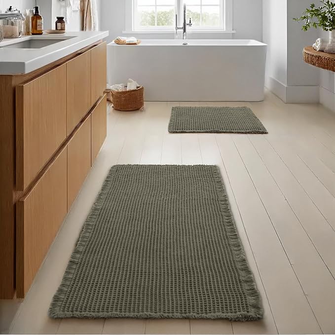 JIUZHEN Set of 2 Waffle Bathroom Rugs Non Slip Bath Mats 16"x24"+24"x48" | Olive Green, Boho, Absorbent, Washable, Ultra Soft, Fast Drying Bath Rug and Bathroom Runner for Kitchen Hallway Laundry