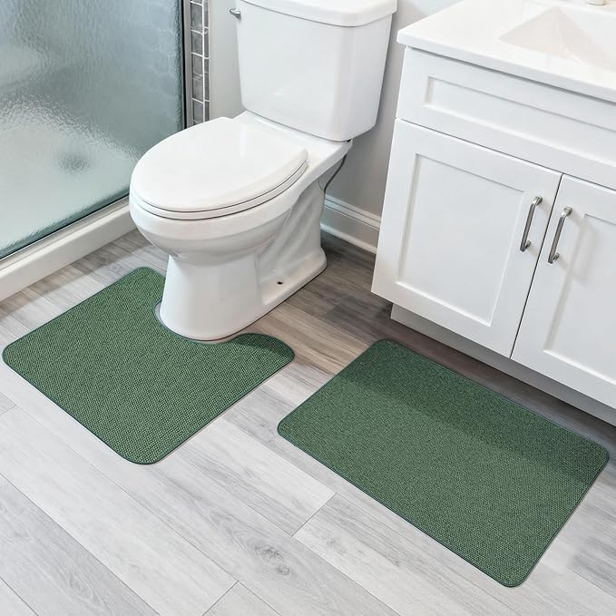 Bosap Bath Mat Set 2 Pieces,Ultra Thin Bathroom Rugs,Rubber Toilet Rugs | Non Slip,Quick Dry,Machine Washable,Low Pile,Absorbent,Shower,Sink,Bathroom Decor.(Green,17"x27" Plus 20"x24"U Shaped)