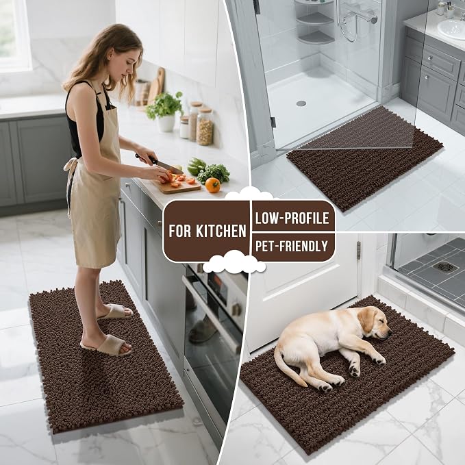 Yimobra Bathroom Rugs Sets 2 Piece - Quick Dry Extra Thick Luxury Chenille Bath Mat, Non Slip Super Absorbent for Tub Shower Sink, Machine Washable Shaggy Floor Mat, 32"x20"+24"x17" Inch, Brown
