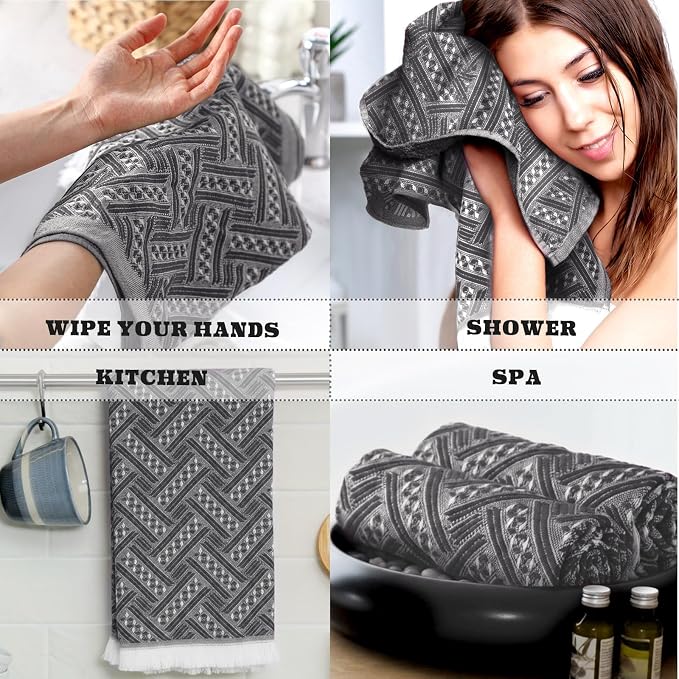 HunnmingRe 4 Pack Boho Hand Towel for Bathroom Kitchen 14x30 Inch 100% Turkish Cotton Summer Boho Decorative Towel Waffle Farmhouse Bathroom Decor Absorbent Soft Guest Gift(Gray,White)