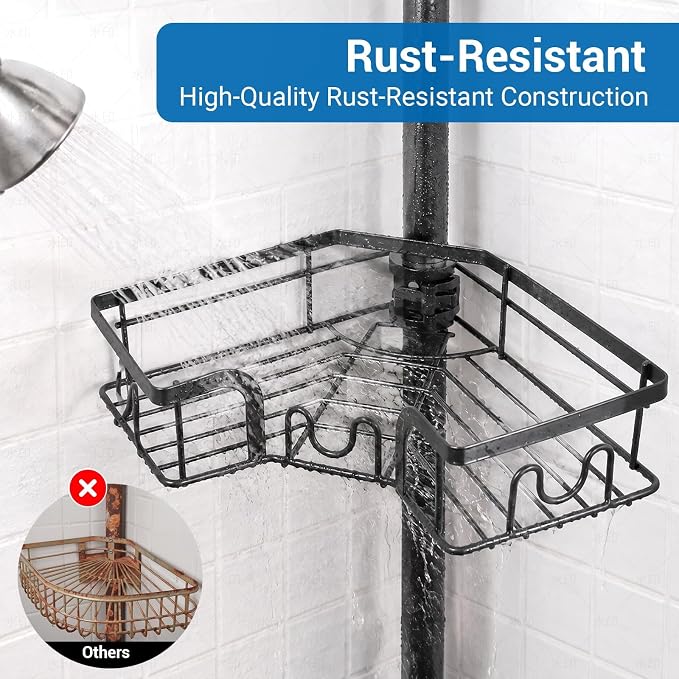 4-Tier Corner Shower Caddy Tension Pole, Floor to Celing Shower Corner Shelf Organizer with Soap Hold No-Drill 23.6-114.5 Inch