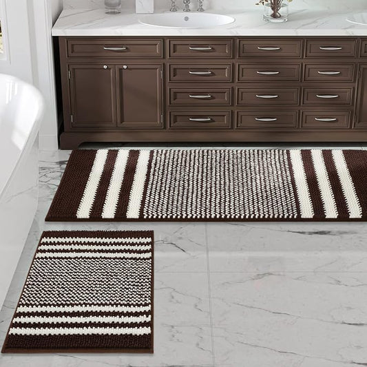 Bathroom Rugs Sets 2 Piece, Non Slip Striped Bath Mats, Coffee | 20"x47" Plus 16"x24"，Soft Absorbent Chenille, Quick Dry Machine Washable, Shower Rug for Bathroom Floor, Tub, Bedroom Decor