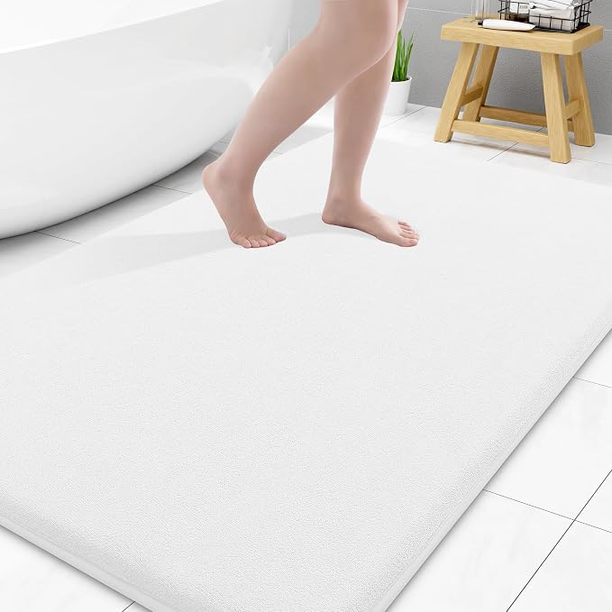 Smiry Memory Foam Bath Mat 59x34, Extra Soft and Absorbent Bathroom Rugs | White, Quick Dry Machine Washable Non-Slip Bath Mat for Bathroom Floor, Shower and Tub