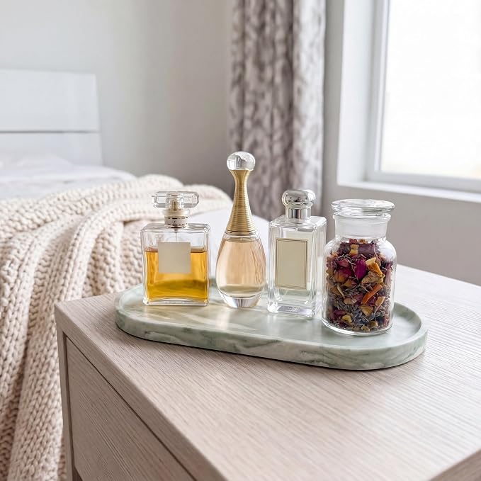 YKAJO Botanical Green Oval Marble Tray, 11.8x5.9 Vanity Perfume Organizer | Honed natural stone; jewelry & trinket dish, ring & key holder, soap & candle catchall; bath counter, dresser, coffee table