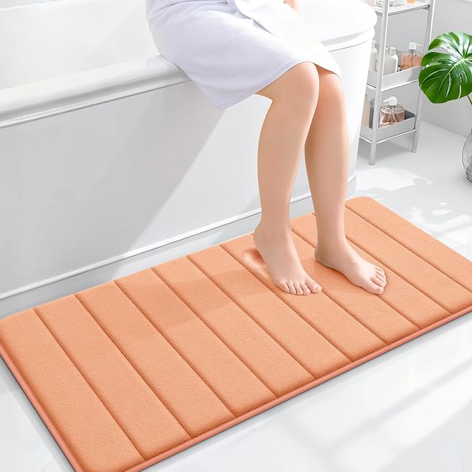 OLANLY Memory Foam Long Bathroom Rugs Runner 44x20, Super Soft Absorbent | Peach, Quick Dry Bath Mat, Machine Washable Shower Floor Rugs, Bathmat Carpet for Bathroom Floor, Tub and Shower