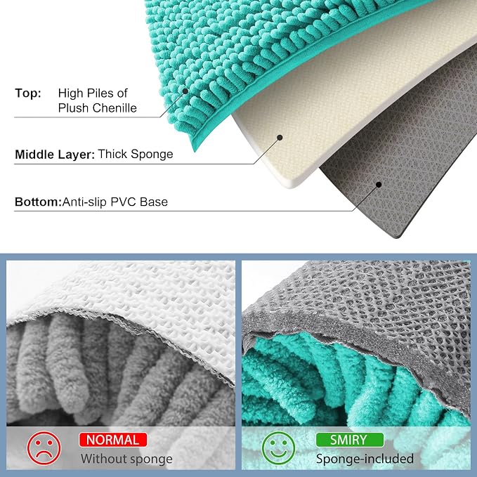 Smiry Chenille Bathroom Rugs Sets 2 Piece (30x20+24x16, Turquoise) | Soft Absorbent Machine Washable Non Slip Shaggy Bath Rug Set for Tub, Shower, and Floor, Home Decor