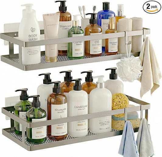 PUSDON 2-Pack Minimalist Shower Caddy Wall Mount, Open Frame Bathroom Shelf Organizer with Mesh Base, Rustproof Floating Spice Rack for Kitchen, Holds 50 LBS, 4 Hooks - Silver Gray, Guardrail