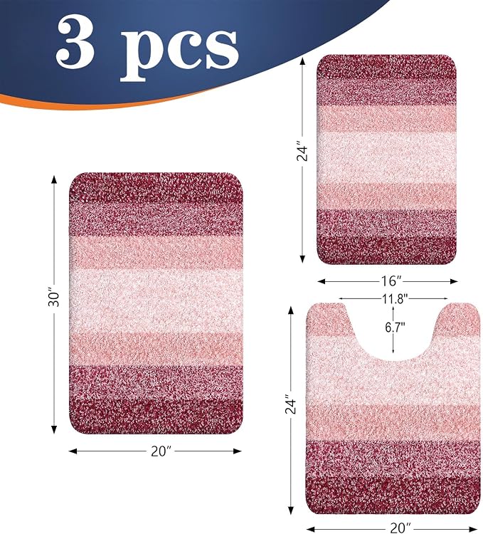 OLANLY Microfiber Bathroom Rugs Sets 3 Piece, 30"x20"+24"x16"+24"x20" | Red, Soft Absorbent Bath Mats and U-Shaped Contour Toilet Rug, Machine Wash Dry, Plush Shaggy Bath Mat Set for Bathroom
