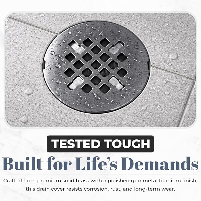 4 ¼” Polished Dark Grey Snap-in Shower Drain Cover - Replacement - 4.25" OD Strainer - Easy Install - Premium Round Shower Drain Cover - Solid Brass Construction - (Titanium/Gun Metal)