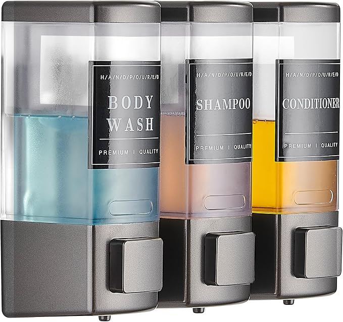 Shower Shampoo Dispenser 3 Chamber No Drill, Grey | Wall Mounted, Large Capacity 3×16.9oz, ABS Plastic Material, Refillable With Labels, For Bathroom Hotel