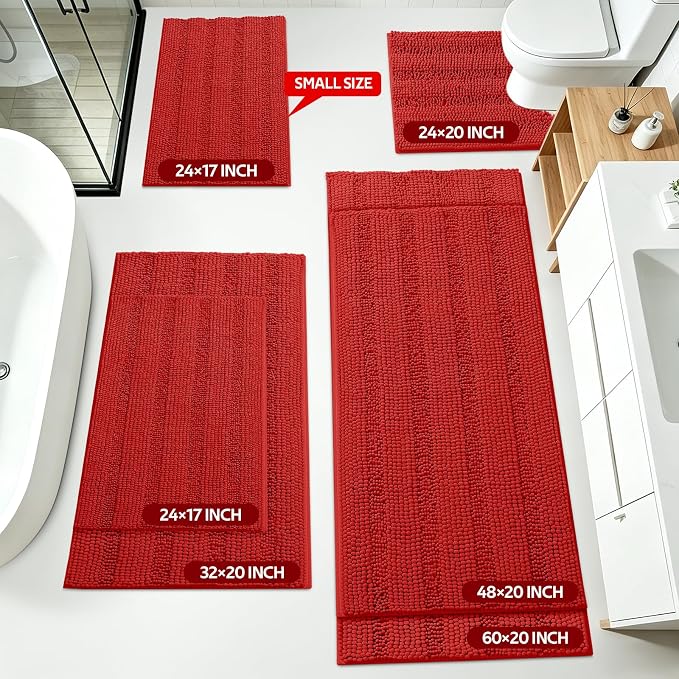 ACCUMTEK Christmas Striped Red Ultra Soft Bathroom Rugs and Mats Set 3 Pieces Bath Mat Set, Thick Chenille Bath Rugs Non Slip Bath Mats for Bathroom, Kitchen, Burgundy
