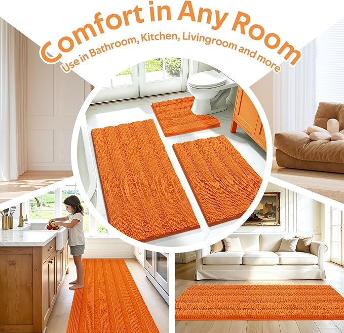 ACCUMTEK Striped Orange Bathroom Rug Set 3 Pieces Ultra Soft, Non Slip Chenille Toilet Mat, Absorbent Plush Shaggy Bath Mats for Bathroom, Bedroom, Kitchen
