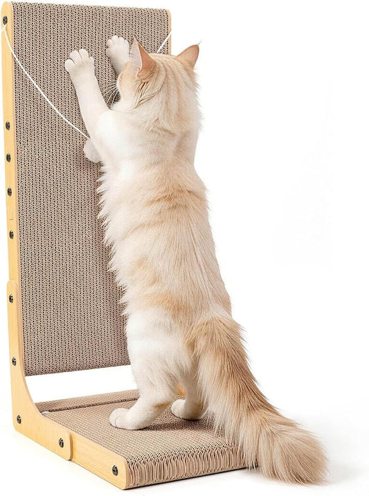 27.6 Inch Reinforced Cat Scratcher, L-Shaped Wall Mount Scratching Post with 2 Catnip Balls & 1 Fuzzy Ball Toy, Easy Flip Scratch Pad for Indoor Cats