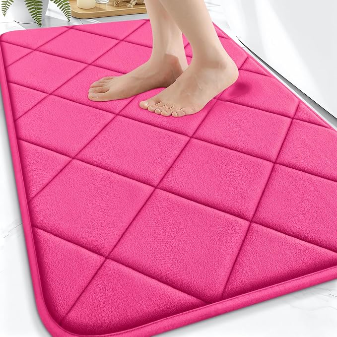 OLANLY Memory Foam Bath Mat 30x20, Ultra Soft and Absorbent Bathroom Rugs | Deep Pink, Quick Dry, Machine Washable Shower Bath Rugs, Comfortable Bath Carpet for Bathroom Floor, Tub and Shower