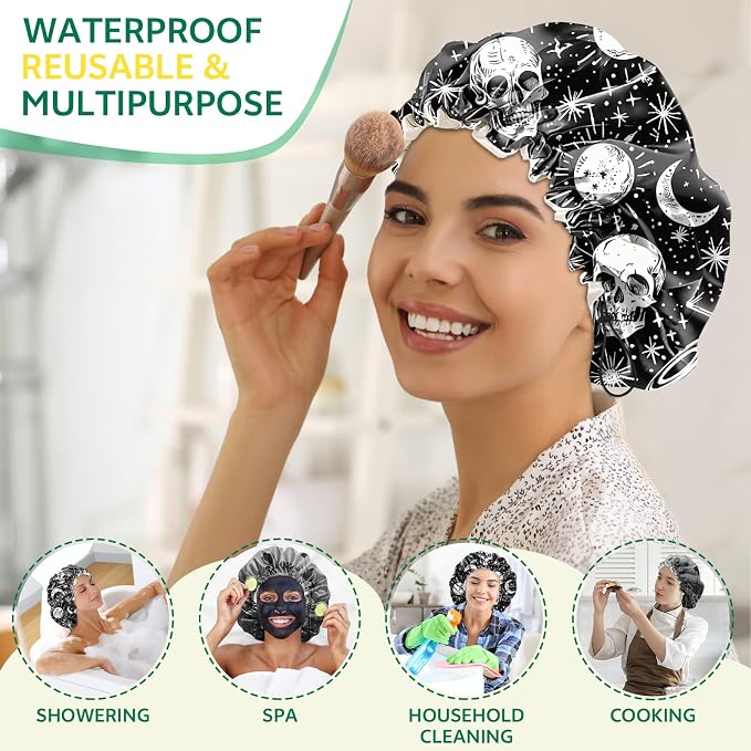 2 PCS Shower Cap Waterproof Double Layer Elastic Adjustable Reusable Hair Bath Caps for Girls Women Cute Aesthetic-Black Grey