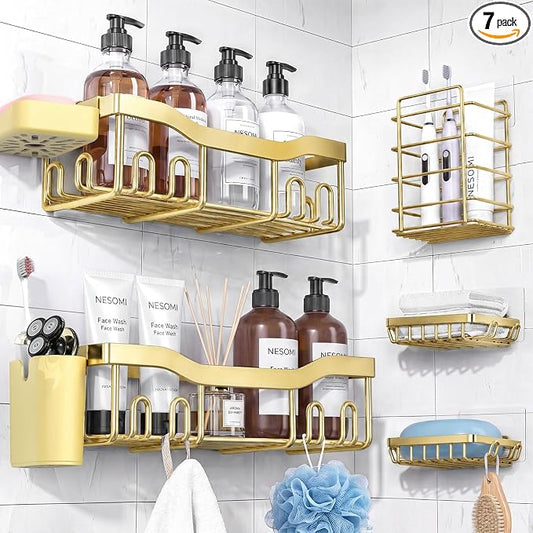 NESOMI Shower Caddy Adhesive Shower Organizer 7-Pack, Rustproof Stainless Steel Bathroom Shelves, Large Capacity No-Drill Rack Storage Accessories with Soap Dish Toothbrush Holder Hooks