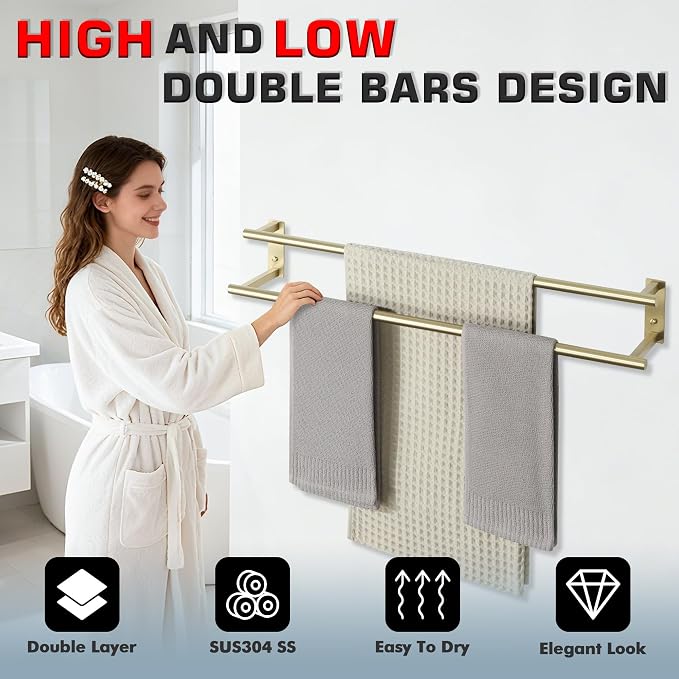 Alise 32 inch Double Towel Bar for Bathroom Wall Mounted, Brushed Gold | SUS304 Stainless Steel, Bathroom Towel Holder Towel Hanger, Towel Racks for Bathroom, Labatory, Tower Drying Rack Towel Rail