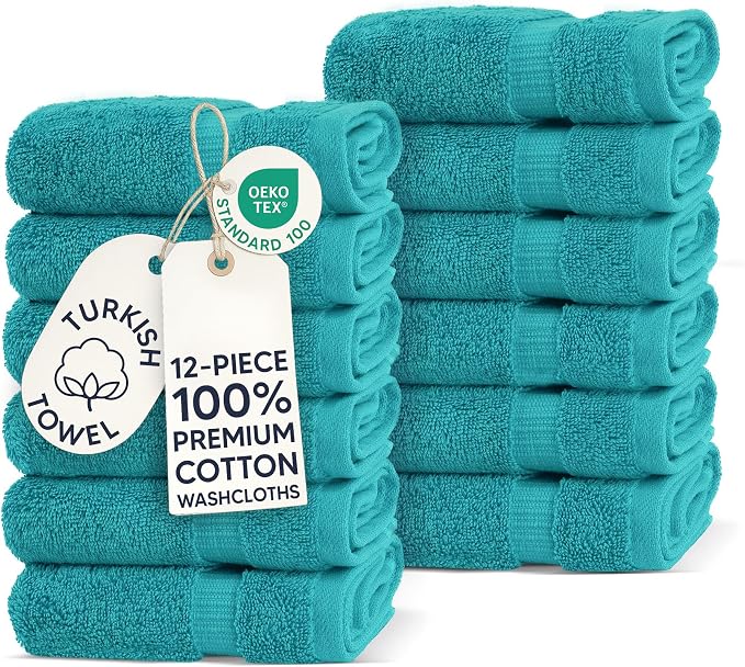 Chakir Turkish Linens 100% Cotton 12-Pack Washcloths 13x13, Aqua | 100% cotton washcloths, 12-pack 13x13, OEKO-TEX certified, soft absorbent face towels