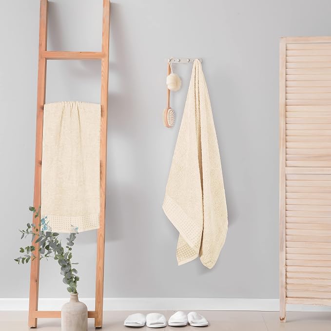 GLAMBURG 100% Cotton 2 Pack Oversized Bath Towel Set 28x55 Inches, Ultra Soft Highly Absorbant Compact Quickdry & Lightweight Large Bath Towels, Ideal for Gym Travel Camp Pool - Ivory