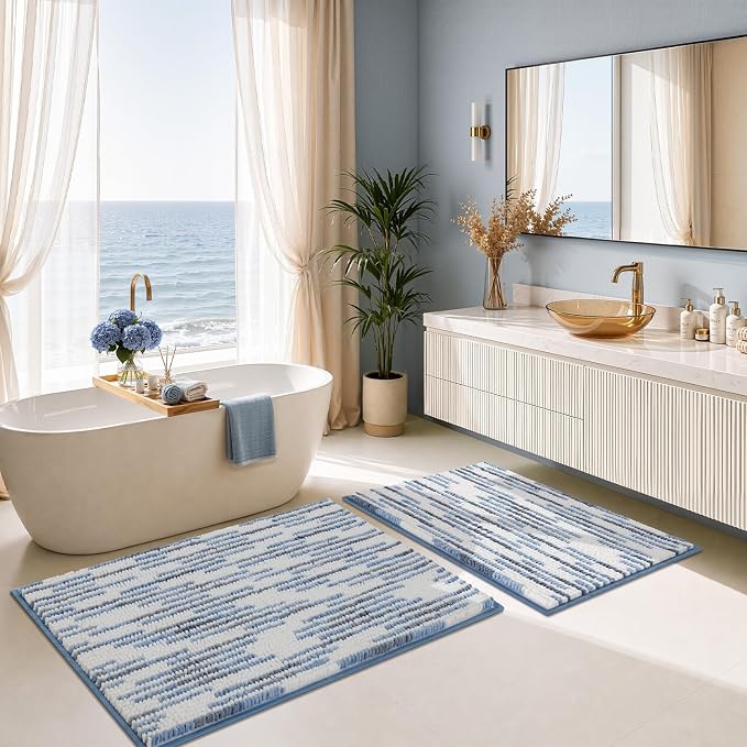 BSICPRO Bathroom Rugs Sets 2 Piece, Modern Bath Mat 20"x32"+16"x24", Blue | Loop Pile Chenille, Non Slip TPR Rubber Backing, Abstract Stripe, Soft Thick Absorbent Washable, Shower Rug for Bathroom