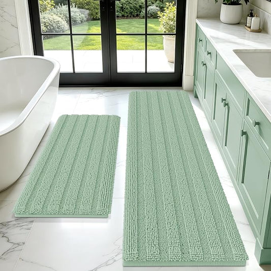 Christmas Striped Sage Green Bathroom Rug Mat Set 2 piece 32"x20"+60"x20" Ultra Soft, Non Slip Chenille Bath Rugs, Absorbent Plush Shaggy Bath Mats for Bathroom, Bedroom, Kitchen, Shower, Tub