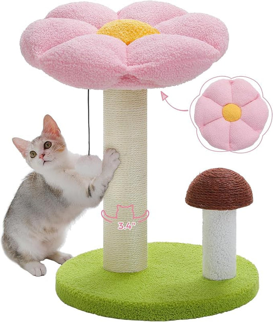 PETEPELA Mushroom Cat Scratcher with Flower Cat Bed, Post for Kittens, Pink | Mushroom cat tree with washable flower-top bed, natural sisal post & extra-wide base; dangling ball; for small cats
