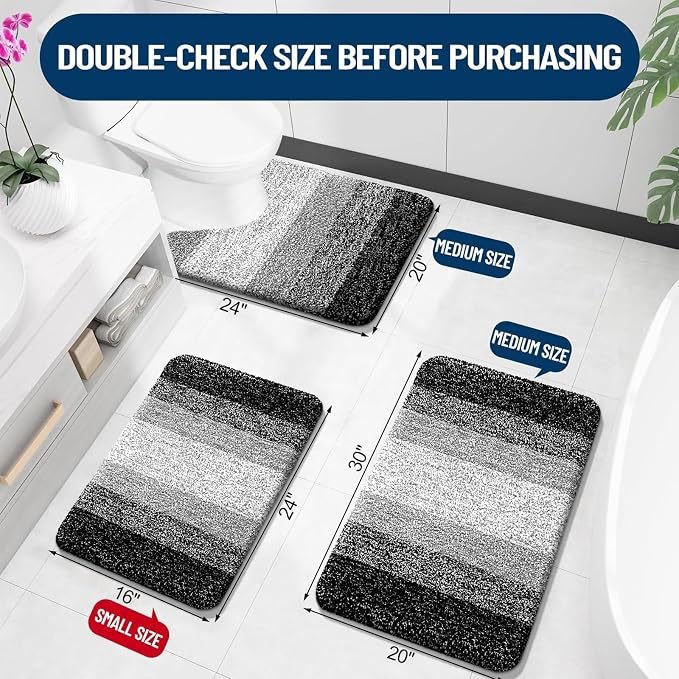 OLANLY Micorfiber Bathroom Rug Set 2 Piece, 36"x24"+U-Shaped 24"x20" | Balck, Soft Absorbent Bath Mats and Contour Toilet Rug, Non-Slip, Machine Wash Dry, Plush Shaggy Bath Mats for Bathroom