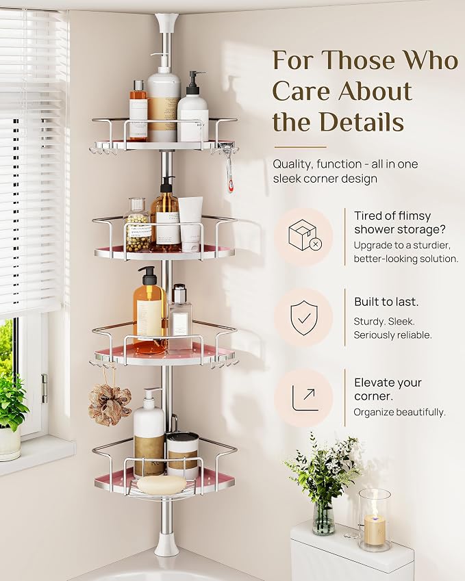 ALLZONE Corner Shower Caddy Tension Pole, 4 Hang-On Basket with Mixed-Height Shelves for Various Bottle Sizes, Extra Hooks & Soap Holder, Rustproof Stainless Steel, Fits 34–116 Inch, Silver/Pink
