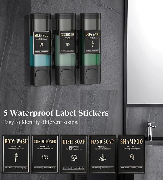 Luxspire Shampoo and Conditioner Dispenser, Shower Soap Dispenser 3-Chamber | Lockable Large Capacity 900ml No-Drill Wall-Mounted Shampoo and Body Wash Dispenser for Bathroom Hotel Kitchen Airbnb