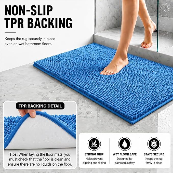 Bathroom Rugs Sets 2 Piece,Super Absorbent Soft,Thick,Machine Washable Chenille Bath Mat,Non Slip Toilet Floor Rug,Bath Mats for Bathroom,20x32 Plus 20x20 U Shape,Calm Blue
