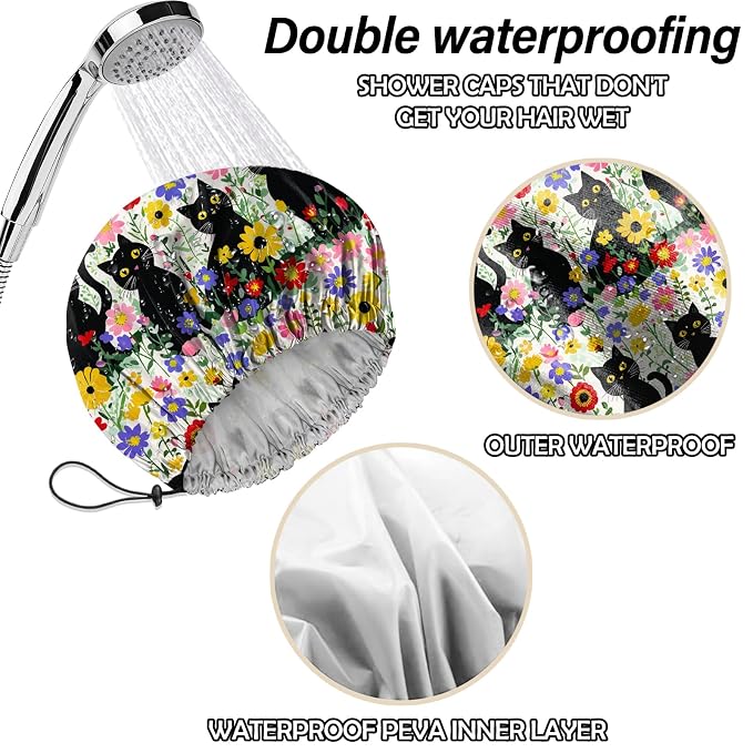 2 PCS Shower Cap Reusable Waterproof Double Layers Hair Caps Shower Bath Adjustable Elastic Hat for Women Girls Cute Aesthetic-Grass Black Cat