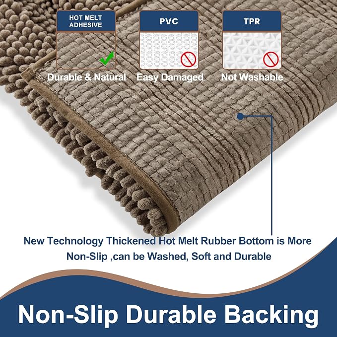 Non Slip Thick Shaggy Chenille Bathroom Rug Sets 2 Piece, Thickened Hot Melt Rubber Bottom Bath Mats for Bathroom, Bath Rugs Quick Dry Machine Washable for Shower (Taupe Brown, 32"x20" Plus 17"x24")