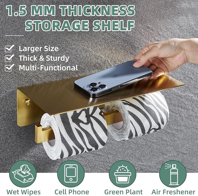 APLusee Brushed Dark Gold Double Toilet Paper Holder with Shelf, Heavy Duty 304 Stainless Steel Tissue Holder for Bathroom with Storage, Commercial Paper Roll Dispenser Wall Mounted