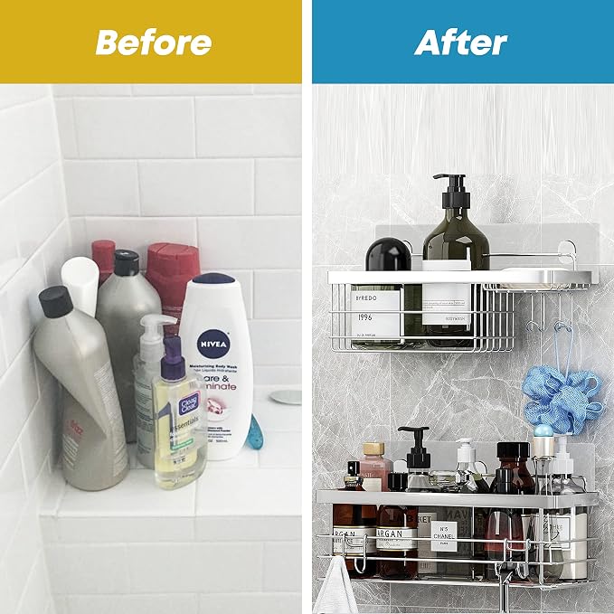 KESOL Shower Caddy and Soap Dish with Hooks Shower Shelf Organizer, No Drilling Adhesive Wall Mounted Bathroom Shelf, Rust Resistant Stainless Steel (2 Pack), Silver