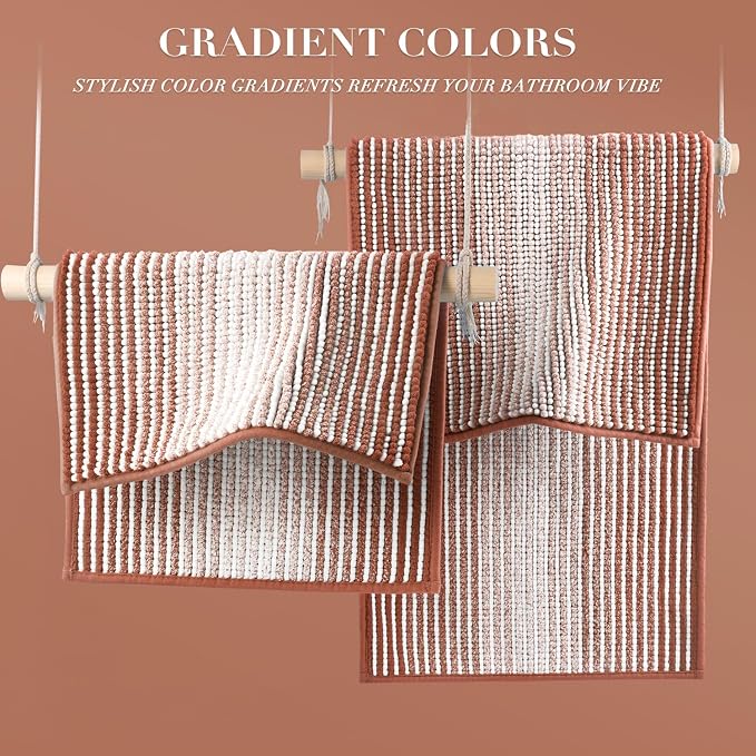 BSICPRO Bathroom Rugs Set 2 Piece, Non Slip Striped Bath Mat, Caramel Brown | 20"x32" Plus 16"x24"，Soft Absorbent Chenille, Quick Dry Machine Washable, Shower Rug for Bathroom Floor, Tub, Bedroom Decor