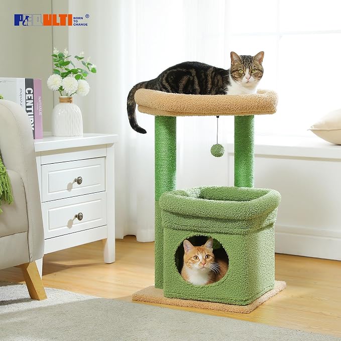 PEQULTI Indoor Cat Tree Tower Small Cats, Sisal Post & Cozy Condo, Green | Private soft cat condo, soft top perch, natural sisal scratch posts, plush pom-pom toy for indoor kitties