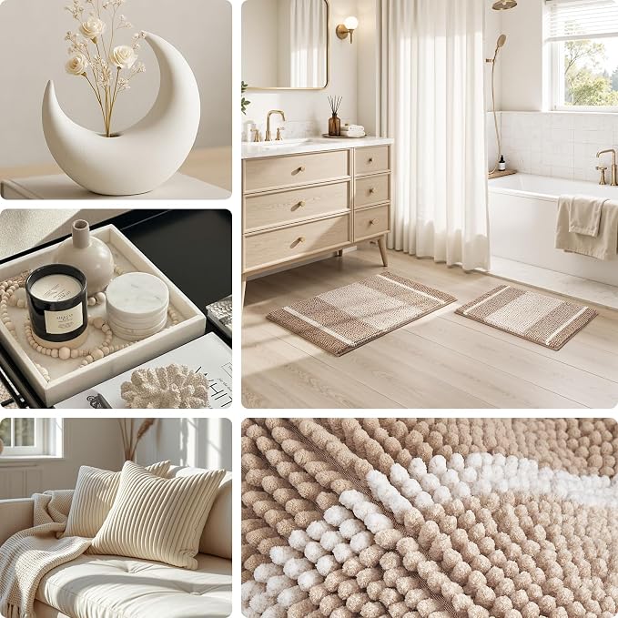 HOMEIDEAS Beige Bathroom Rugs Set of 2, Striped Chenille, 20"x32"+17"x24" | Non Slip Absorbent Bath Mats, Fluffy Striped Chenille Soft Shaggy Bath Rugs for Bathroom Floor and Tub, Machine Washable