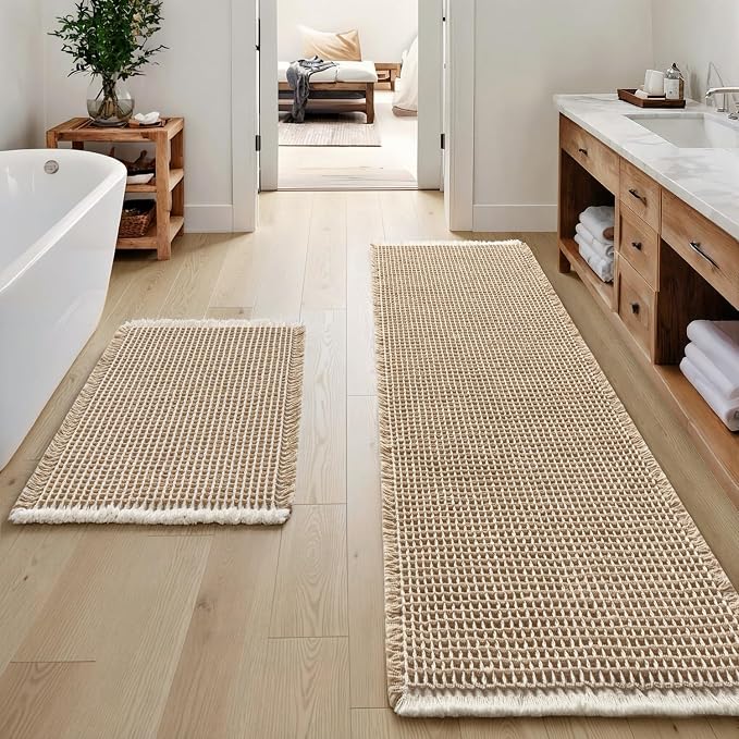 MIULEE Set of 2 Waffle Bathroom Rugs Brown&White Bath Mat 17"x24"+20"x47" | Non Slip, Super Absorbent, Washable, Ultra Soft, Rubber Backed, Small Boho Bath Rug and Bathroom Runner for Floor Tub Shower