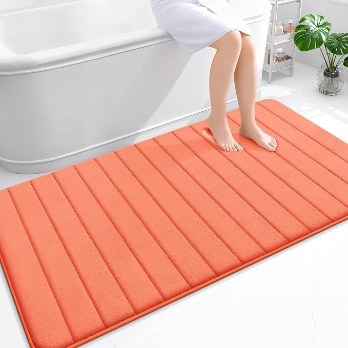 OLANLY Memory Foam Large Bath Mat 59x34, Super Soft Absorbent Bathroom Rugs | Coral, Quick Dry Bath Rug, Machine Washable Shower Floor Mats, Bathmat Carpet for Bathroom Floor, Tub and Shower