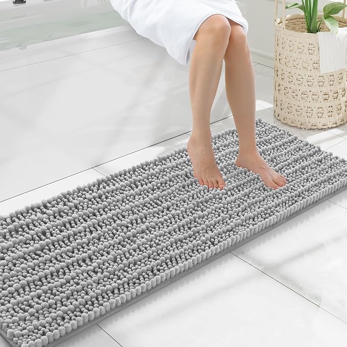 Smiry Bathroom Rugs 47X17, Extra Soft Rubber Backing Chenille Bath Mats | Light Grey Machine Washable Non Slip Quick Dry Bath Mats for Bathroom Floor, Tub, Shower, Home Decor Accessories