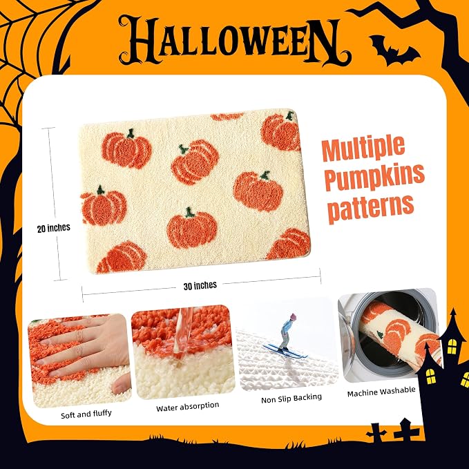 TRUEDAYS Beige Bathroom Rugs with Orange Pumpkins, Cute Bath Mat for Halloween and Thanksgiving, Soft Non Slip Farmhouse Mats Funny Indoor Rug Home Decor Fall and Autumn
