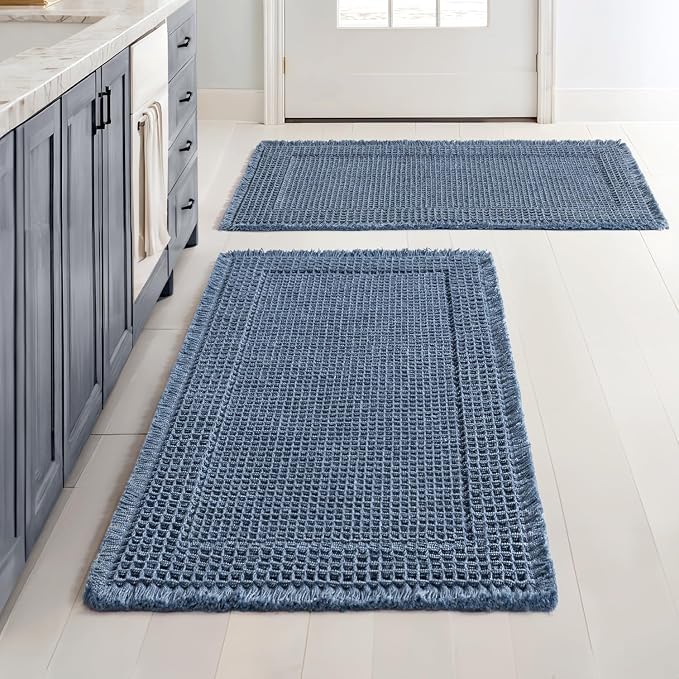 MIULEE Set of 2 Waffle Bathroom Rugs Bordered Bath Mat Blue 18x30 Inch | Non Slip, Super Absorbent, Washable, Ultra Soft, Rubber Backed Bath Rugs for Bathroom Floor Tub and Shower, Boho Decor