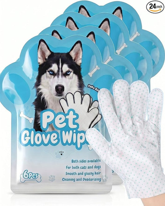 24 pcs Pet Glove Wipes, Dual Sided Hypoallergenic No-Rinse Grooming Mitts with Natural Extracts for Dogs, Cats, Rabbits & Horses